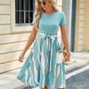 Fashion Round Neck Striped Printed Dress Women Summer Short Sleeve Loose Casual Dresses Women Elegant A Line Beach Holiday Plus Size Dress 24307