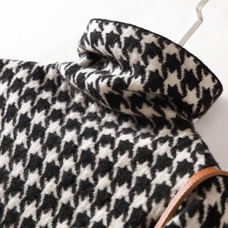 Women's Houndstooth Slim-fit Turtleneck Knit Top