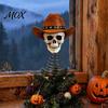 American Wilderness Skull Ornament Gothic Tree Topper with Cowboy Hat, Vintage Western Unique Tabletop Figurine Skeleton for Halloween, Spooky