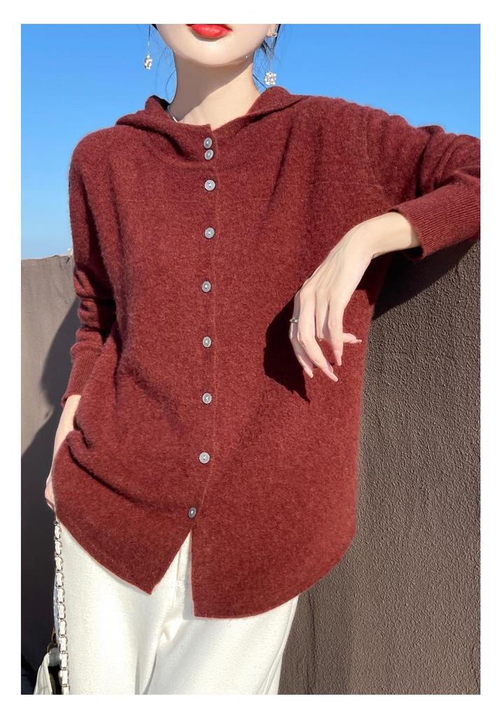 Pure Wool Women's Autumn/Winter 2024 Round Neck Hooded Button-Up Knit Cardigan Sweater Coat