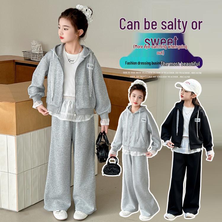 2025 Новый стиль Толстовка с капюшоном для девочек и брюки с широкими штанинами Комплект из двух предметов на весну и осень
