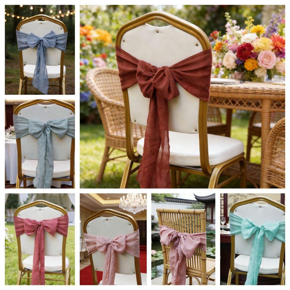 2Pcs Rustic Chair Sashes Cheesecloth Overlock Tulle Chair Ties 11 Colors Elegant Chair Decorative Bows Banquet Events