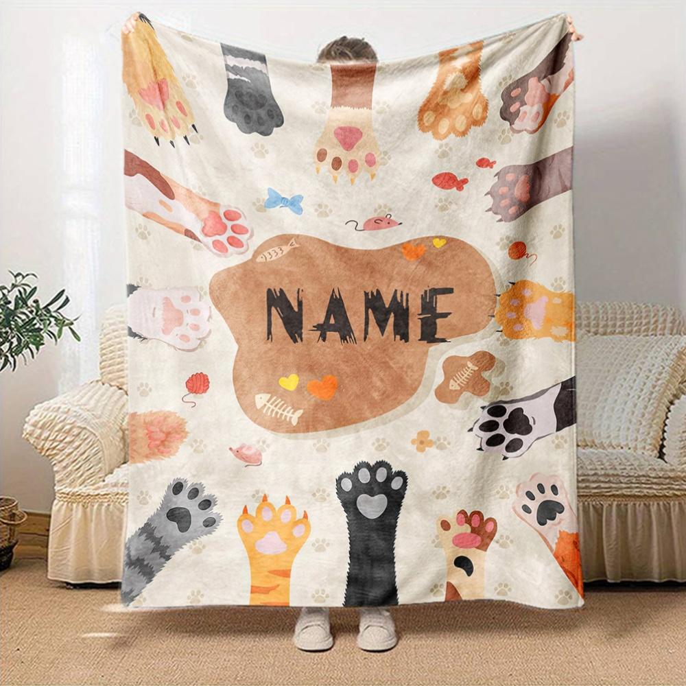 Cat Paw Print Blanket Tailored With Your Name Lightweight Blanket Text Comfortable Perfect For Sofa Couch Office Bed Picnics Allseason Use Versatile