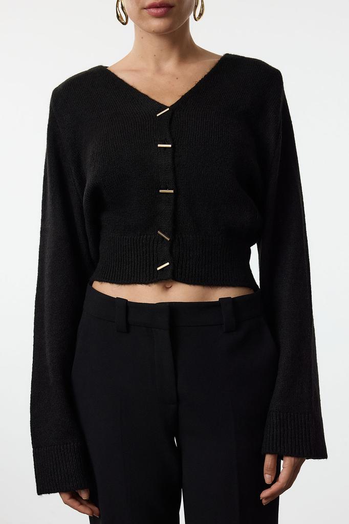 Женский модный стильный кардиган, черный укороченный трикотажный кардиган с v-образным вырезом