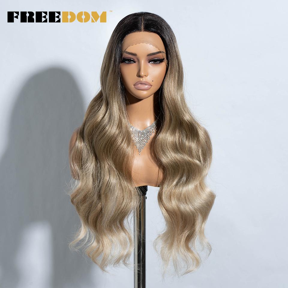 FREEDOM Synthetic Lace Front Wigs For Women Long Wavy 30" Body Wavy Long T Part Lace Wig Ombre Blonde Ginger Blue Cosplay Wig