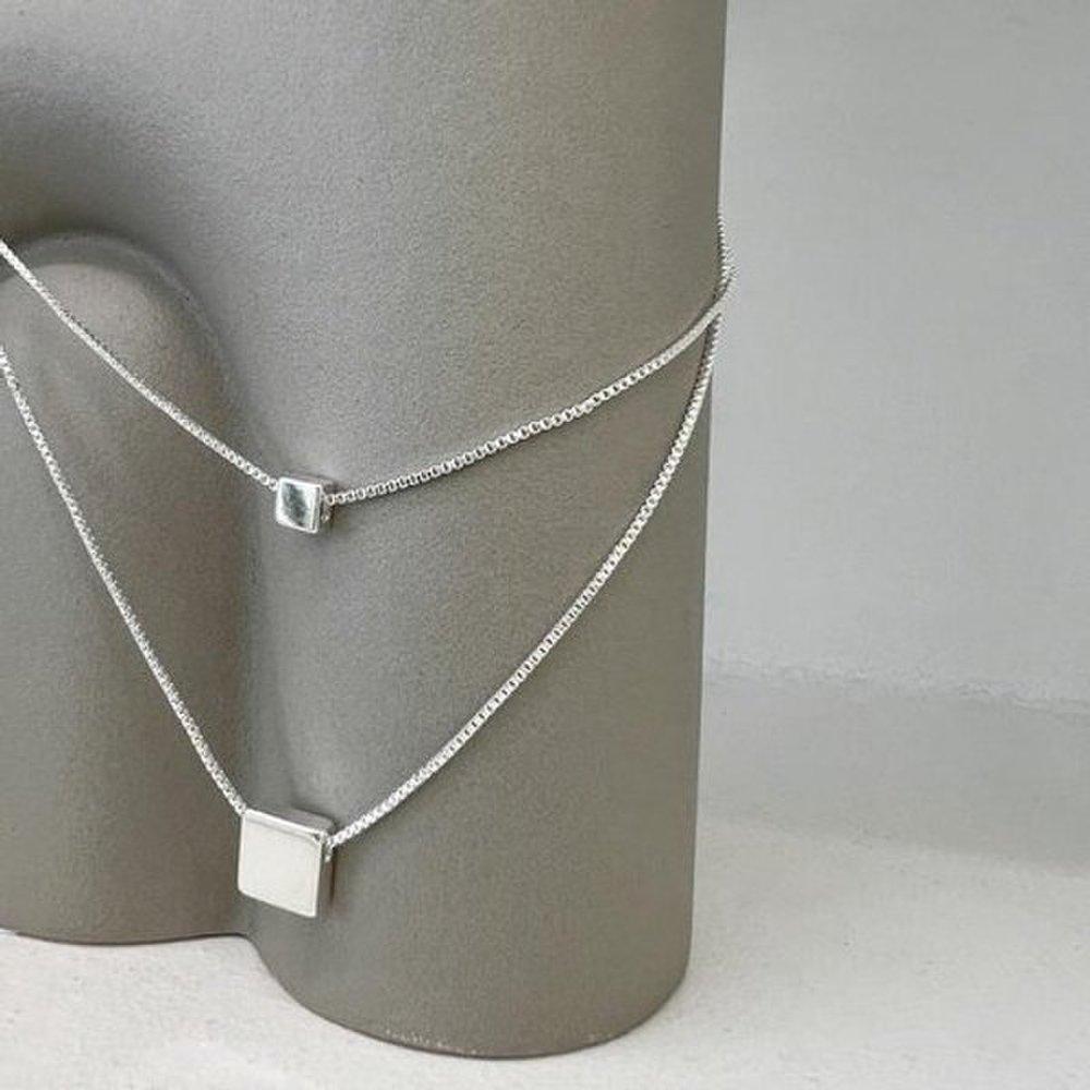 925 Silver Layered Thin Double-Strand Necklace Square Sterling Silver Necklace