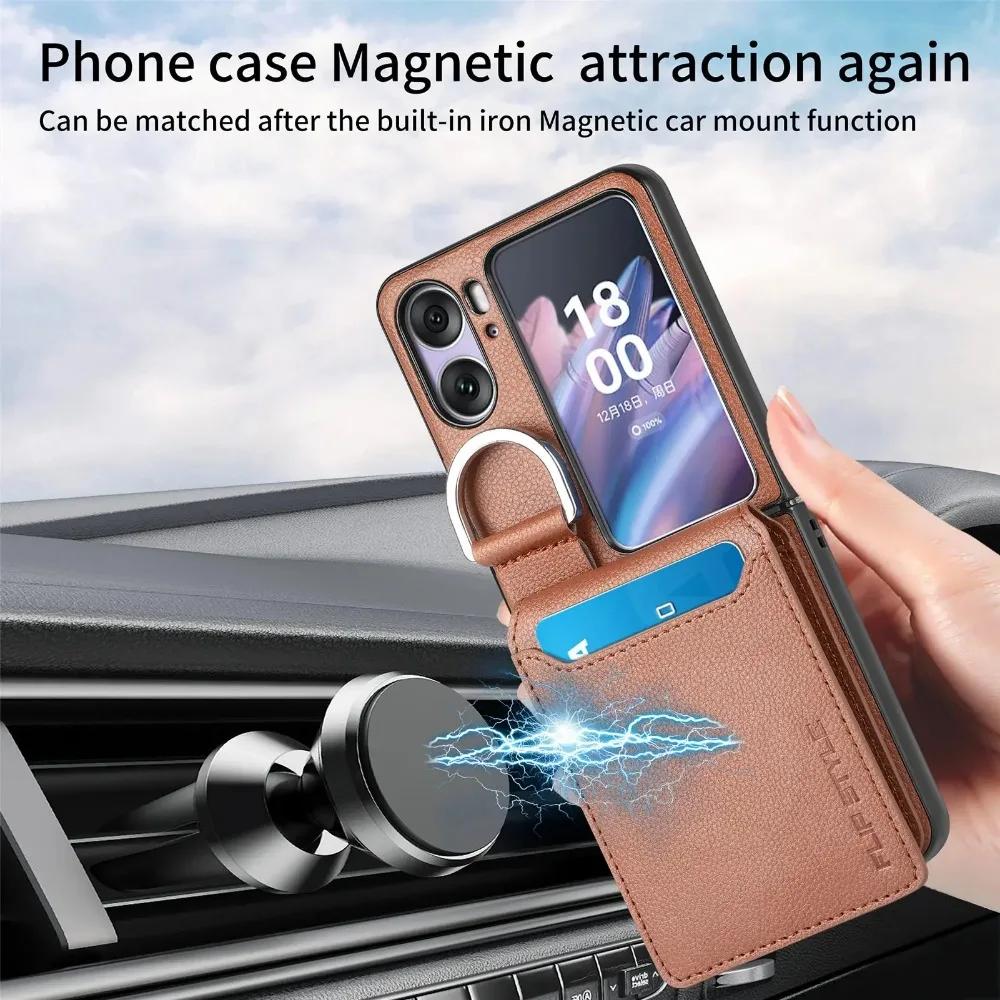 Ring Holder Wallet Cards Solt Phone Case For OPPO Find N3 N2 Flip 5G Kickstand Vertical Litchi Pattern PU Leather Magnetic Cover