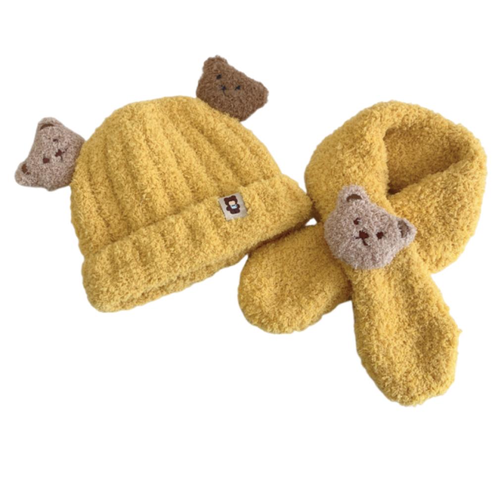 Korean Style Bear Scarf Hat Set Cute Kids Crochet Hat Children's Ear Protection Hat Outdoor