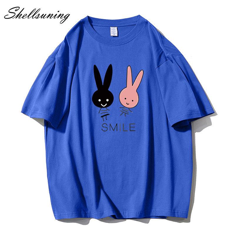 Shellsuning Cute Bunny Graphic Printed T Shirts Women Summer Casual Loose O Neck Short Sleeve Tees Female Trendy 100% Cotton Tops Lady