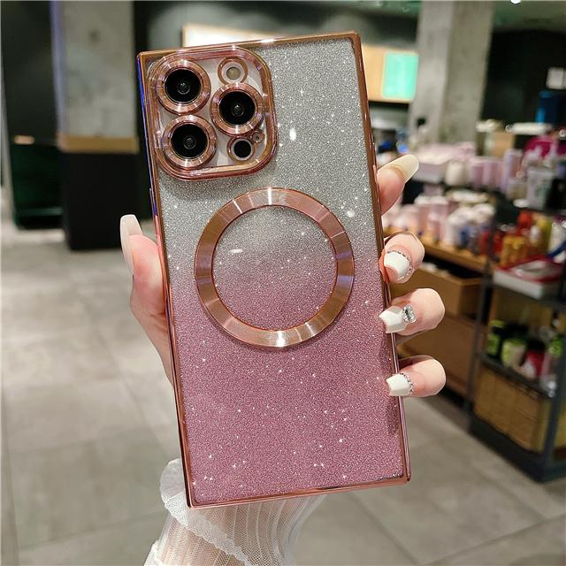 For iPhone 15 Pro Max Luxury Plating Magsafe Magnetic Frame Glitter Phone Case For iPhone 11 12 13 14 15 16Plus Protective Cover