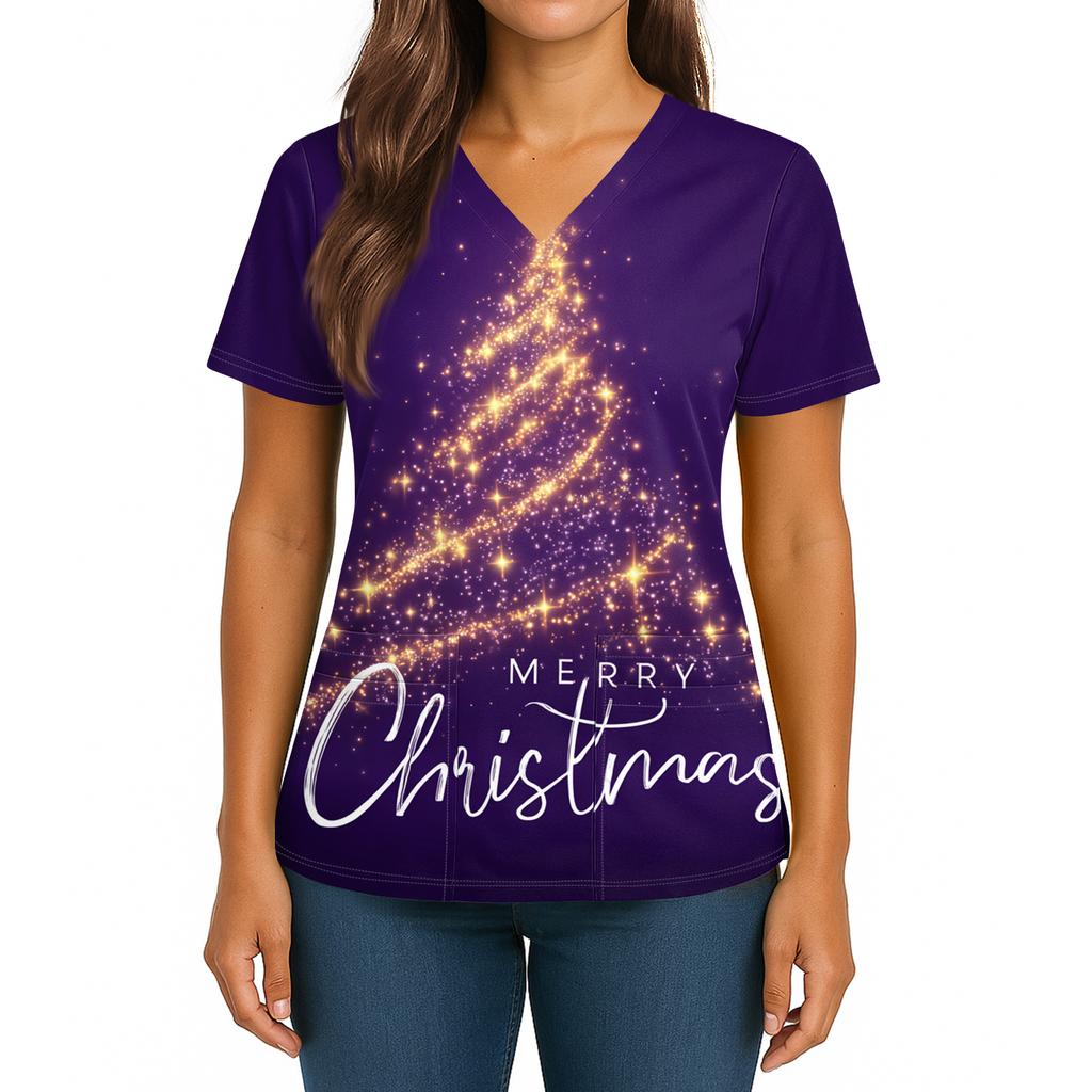 Women's Christmas Print V-Neck Double Pocket Short Sleeves Hem Slit  Uniform And Caregiver Top