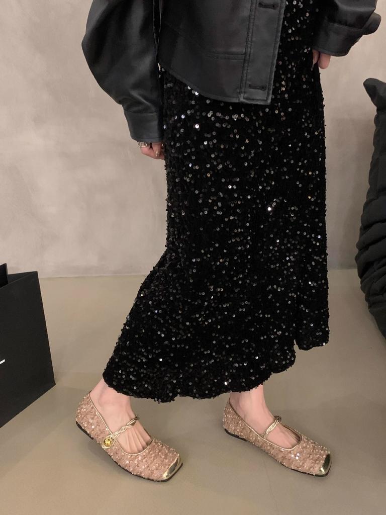 Нишевые туфли Мэри Джейн с пайетками высокого класса, женская обувь 2025 новая весенняя на плоской подошве, с французским темпераментом, вечерние туфли