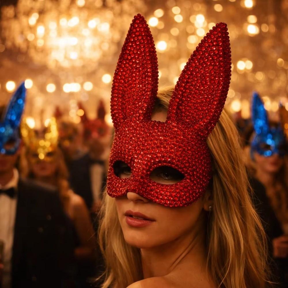 Photo Shoots Rabbit Ear Mask Crystal Studded Rhinestone Face Mask Bunny Half Face Mask  Halloween