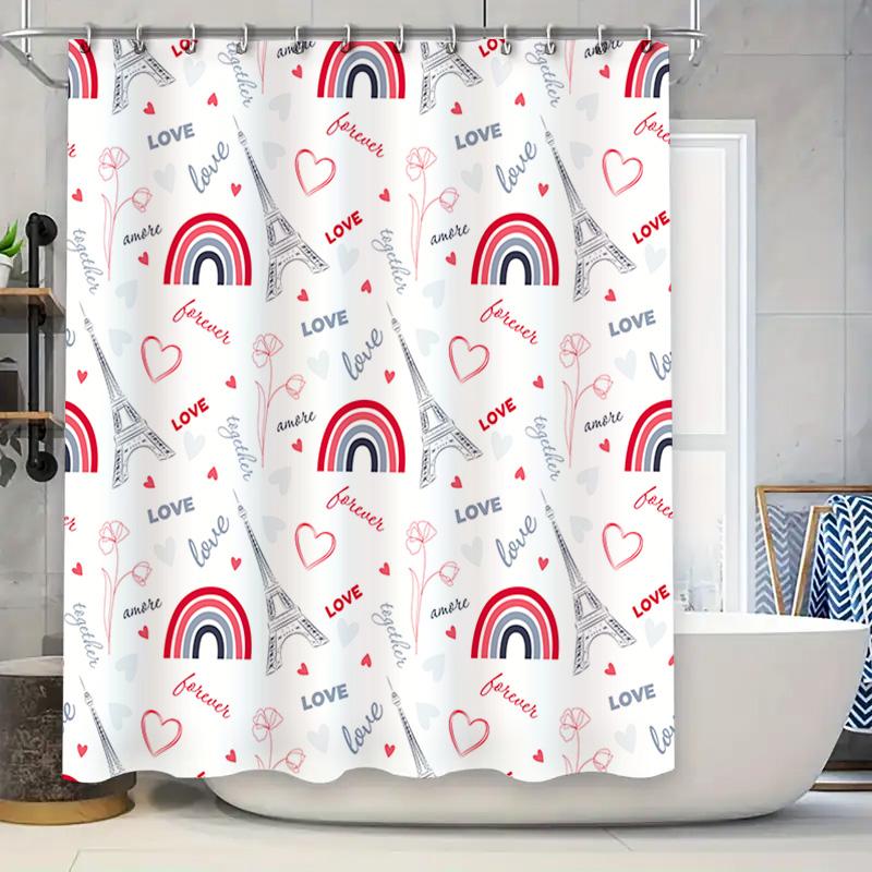 Modern Bathroom Shower Curtain with Love Pattern for Home Decoration White Fabric Waterproof Size 72x84 Inch Red Rainbow Eiffel
