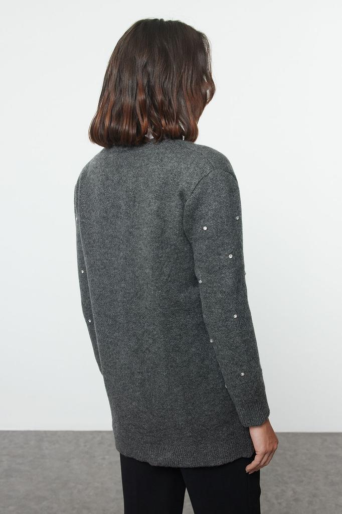 Женский модный стильный кардиган в хиджабе, серый трикотажный кардиган на молнии с деталью из камня