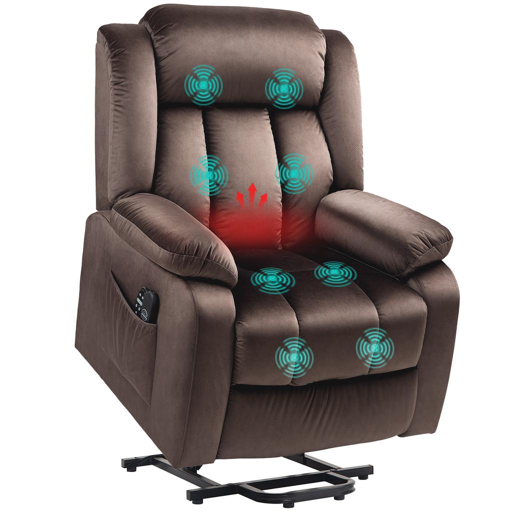 Riser Recliner Chair with Massage Function and Lumbar Heating, Recliner Chair with Remote Controls and Side Pockets, Brown