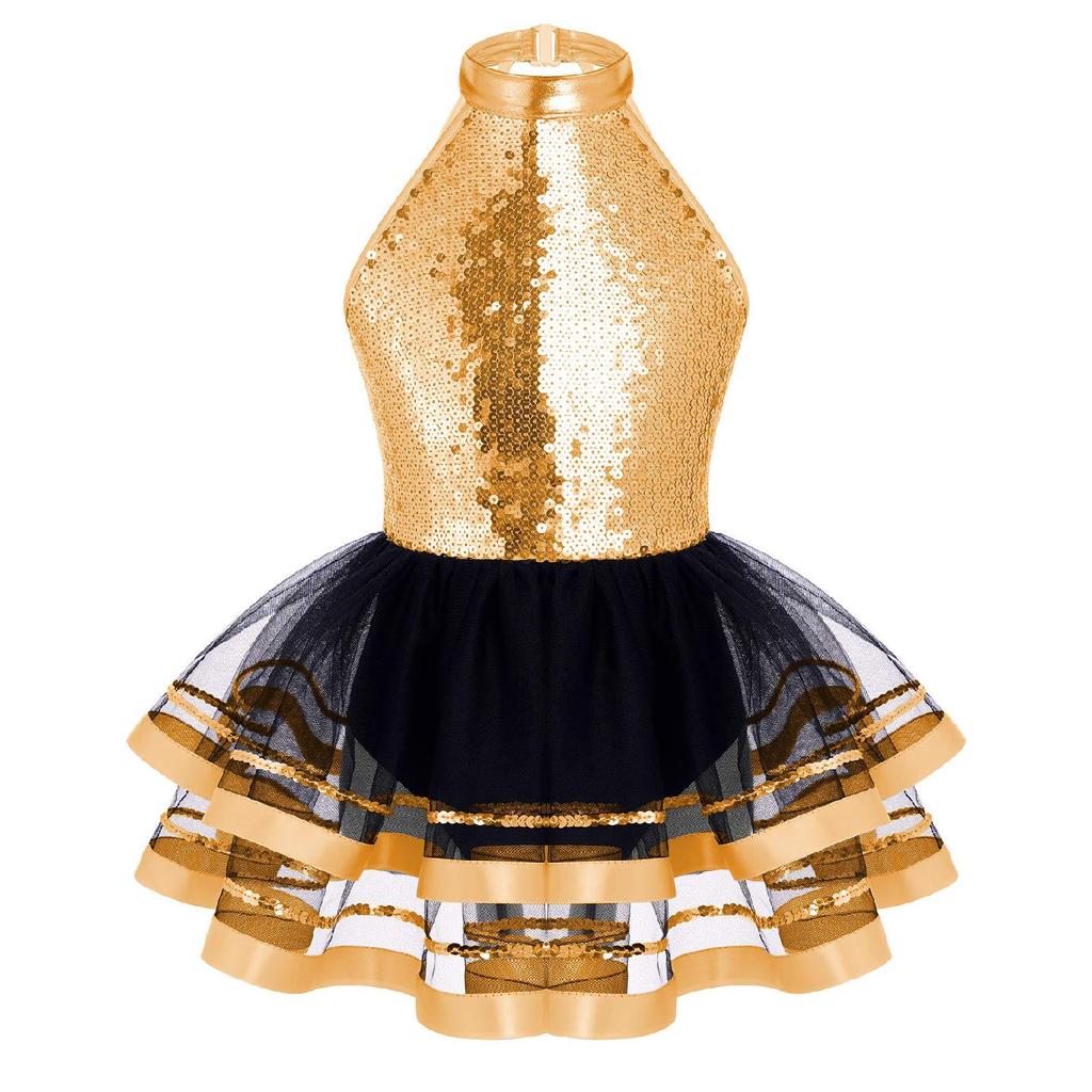 Kids Girls Sequins Halter Ballet Dance Tutu Dress Gymnastics Modern Latin Jazz Dancing Costume