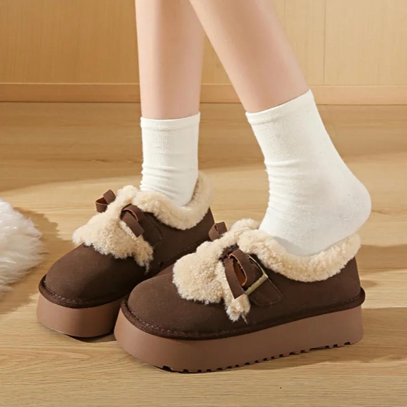 Меховые туфли на плоской подошве с бантом, женские мокасины на платформе, замшевые, плюшевые, хлопковые, брендовые, повседневные туфли на мелкой подошве, зимние трендовые, удобные, теплые, Zapatos Mujer
