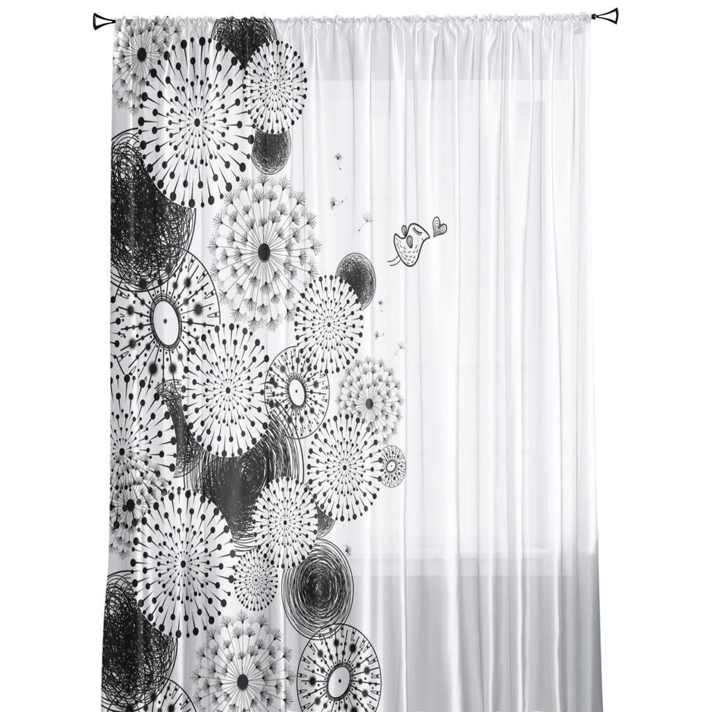 Цветок одуванчика, черно-белые тюлевые оконные шторы для гостиной, пряжа из органзы, прозрачная вуаль, занавеска для спальни, кухни, домашний декор, драпировка