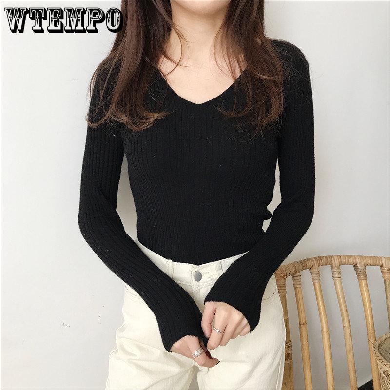 WTEMPO Женские осенние повседневные свитера с V-образным вырезом, весенние женские однотонные длинные рукава, тонкие трикотажные пуловеры, трикотаж