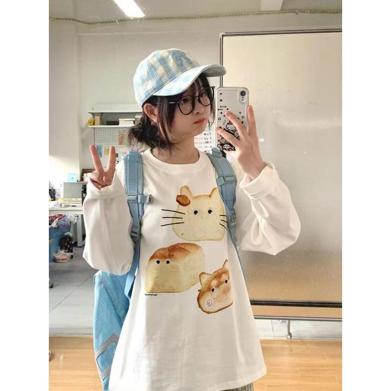 Kawaii Графические белые футболки женские повседневные свободные милые футболки с длинным рукавом Harajuku Vintage Sweet Japanese Fashion Tops