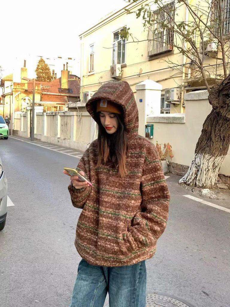 Men's Oversized Japanese Retro Striped Woolen Half-Zip Hoodie Sweater for Autumn/Winter