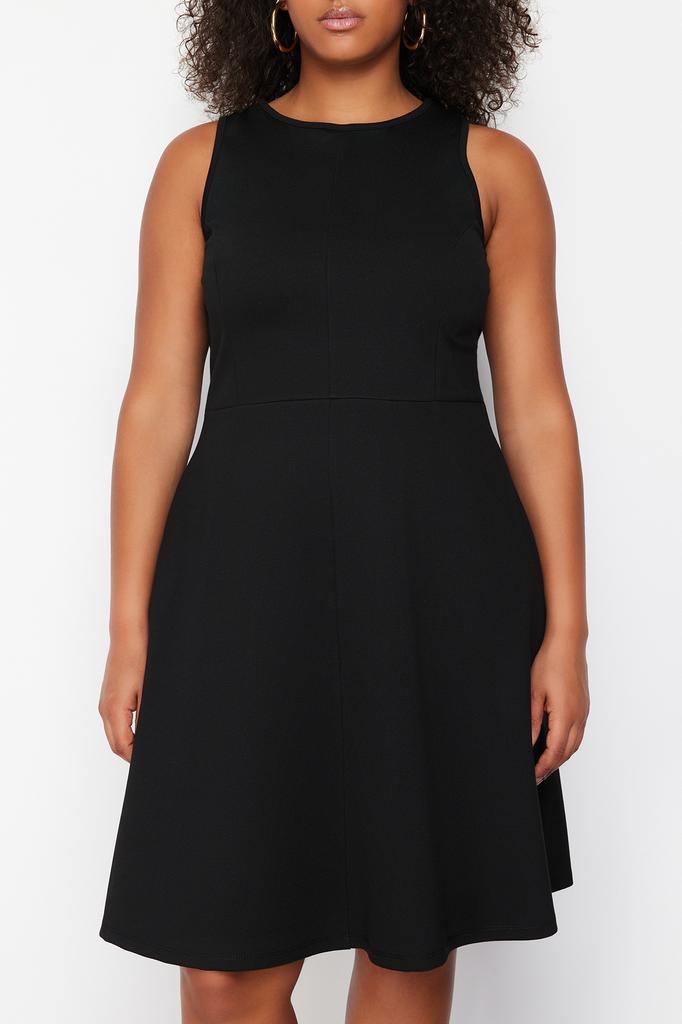 Женское платье больших размеров, черное мини-трикотажное платье с детальной строчкой