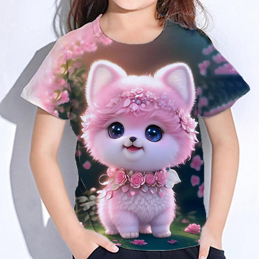 2025 Детская одежда Принт Одежда для девочек Модная блузка Kawaii Футболка Детская одежда Полиэстер Девушка Футболка с коротким рукавом