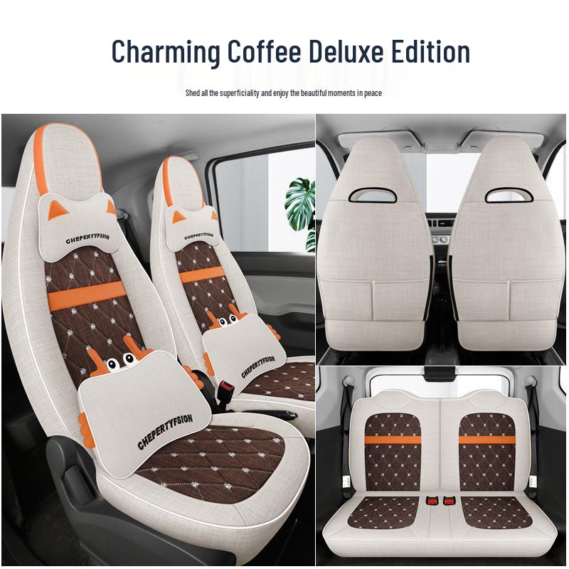 Cartoon Linen Seat Cover for Wuling Hongguang MiniEV Macaron – Full Wrap Interior Cushion