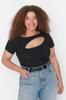 Women's Style Plus Size Black Ribbed Cut-Out Detailed Crop Knitted Blouse