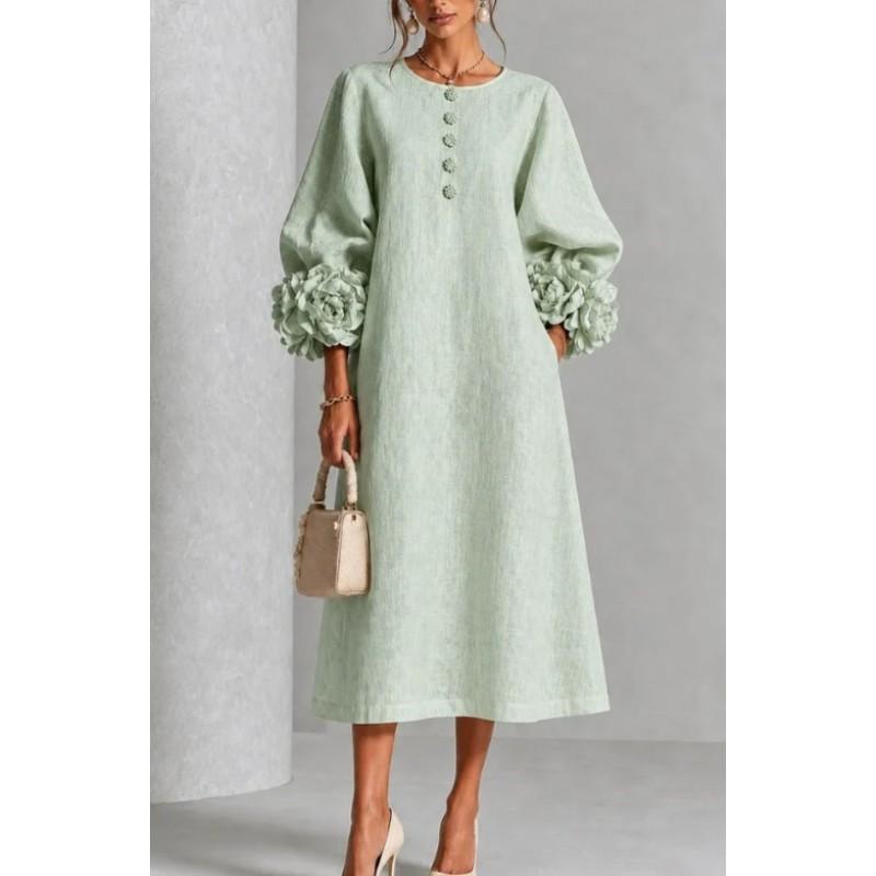 2026 French 3D Floral Lantern Sleeve Button Cotton Linen Midi Dress Women