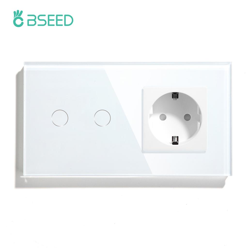 BSEED 1/2/3-клавишный сенсорный выключатель света 1/2/3-сторонний сенсорный выключатель для лестницы плюс настенная розетка, стандарт ЕС, стеклянная панель, синяя подсветка, 10А