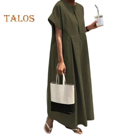 Летнее платье макси, свободное плиссированное платье с круглым вырезом и короткими рукавами, чистый цвет, большие размеры, повседневная одежда, женское платье макси