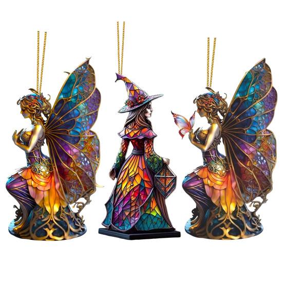 Halloween Pendant Acrylic Witch Fairy Hanging Ornaments Colorful Butterfly Wings Pendant for Car Bag Halloween Decor