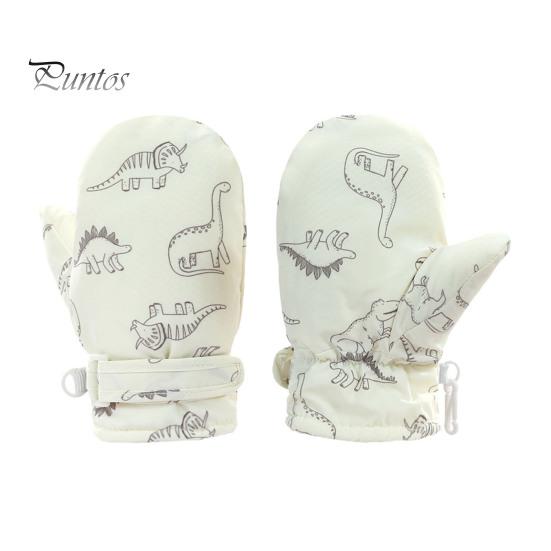 1 Pair Children Winter Mittens Thick Plush-lined Windproof Cartoon Dinosaur Cold Weather Outdoor Gloves Adjustable Fasten Strap Anti-Slip Ski Gloves