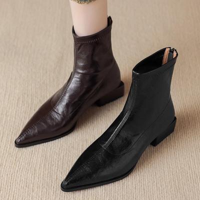 Заостренный низкий каблук коричневые эластичные тонкие ботильоны осень и зима новые тонкие короткие ботинки женские ретро ботинки челси