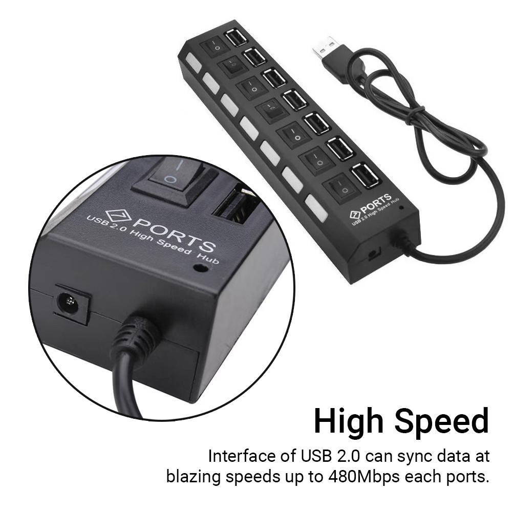 7 Ports USB Hub Splitter with On/Off Switches Long Cord for Laptop Desktop PC Computer Data Transfer