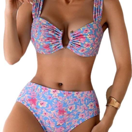 New sexy, fashionable and fresh flower print with U-shaped decorative back lace-up high-waisted pants design bikini