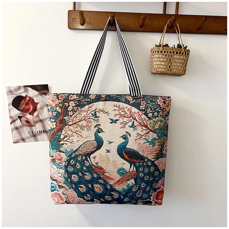 Этническая холщовая сумка через плечо с павлином - Женская модная сумка-тоут большой вместимости