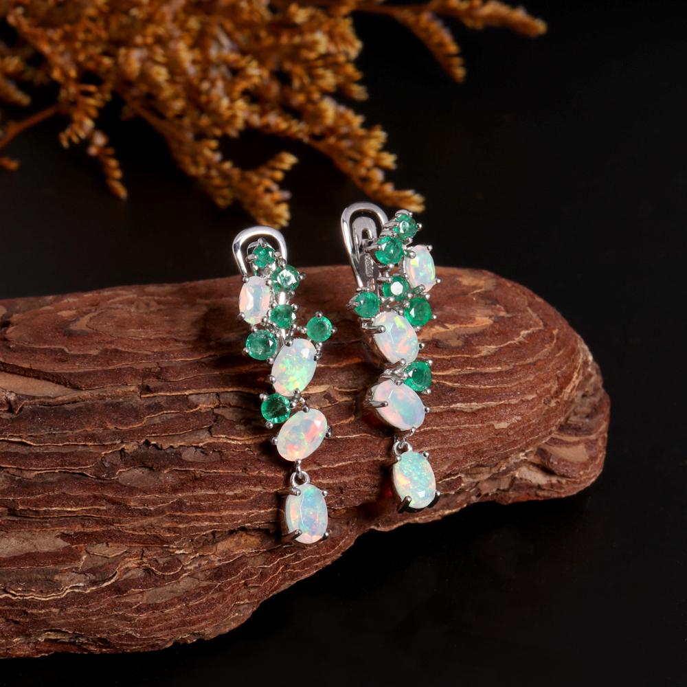 Colorful Gemstone Opal Emerald Earring ,natural Ethiopia Opal Zambia Green Emerald Jewelry 925 Sterling Silver