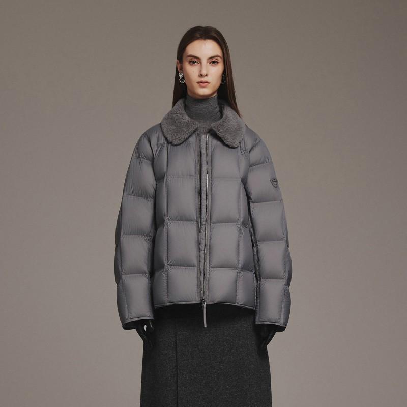 Womens Short Puffer Coat Solid Color Zip-Up Fleece Collar Warm Winter Jacket