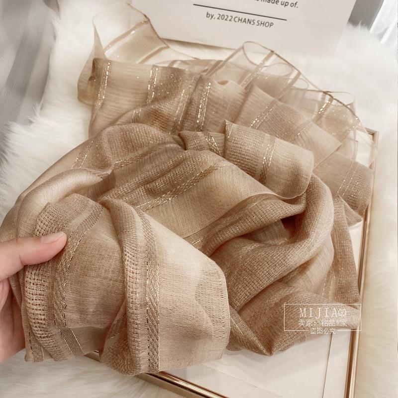 New Silk Mulberry Silk Wool Scarf, Thin Autumn and Winter Fashion Scarf with Gold Thread Stripes, Foreign Silk Scarf