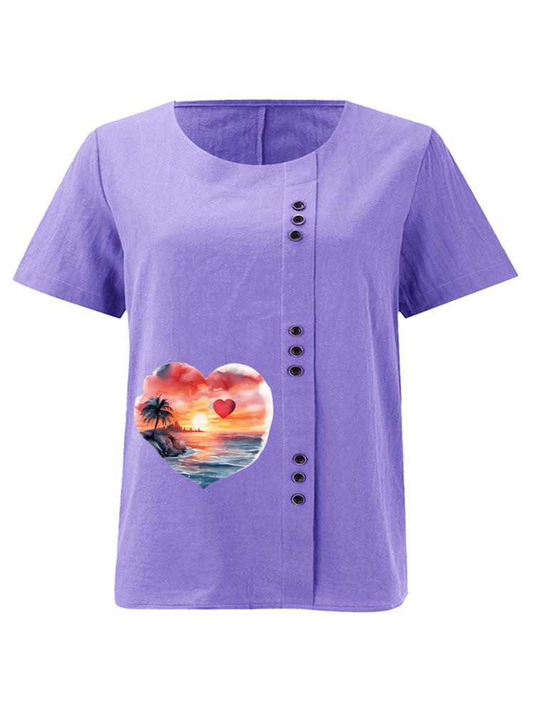 Women's Fashion Heart-shaped Scenery Print Round Neck Short Sleeve T-shirt Casual Cotton Linen Graphic Shirt Leisure Loose Summer Blouse Tops