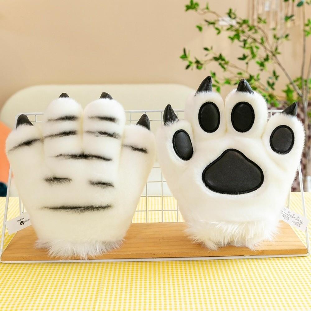 Fluffy Texture Plush Gloves Striped Design Costume Mittens  Cosplay Costume Accessories