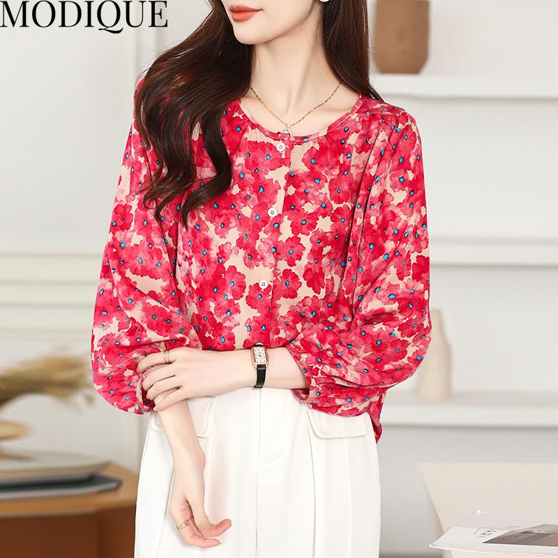 MODIQUE весна лето большие размеры женские свободные повседневные элегантные хлопковые льняные шифоновые блузки с цветочным принтом рубашки женские базовые с круглым вырезом пальто с пышными рукавами