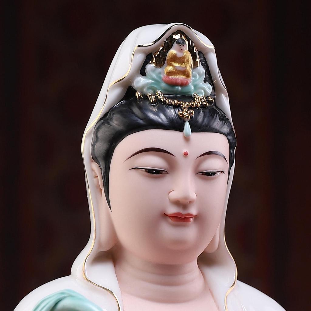 Red Robe Ceramic Guanyin Ornament – Home Worship Bodhisattva Statue for Living Room Decor