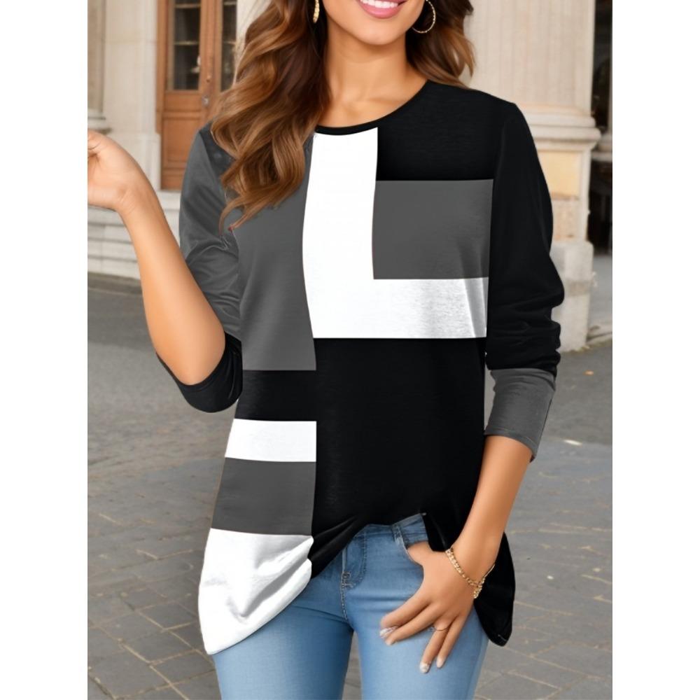 Женская новая модная футболка с принтом, круглым вырезом и длинными рукавами