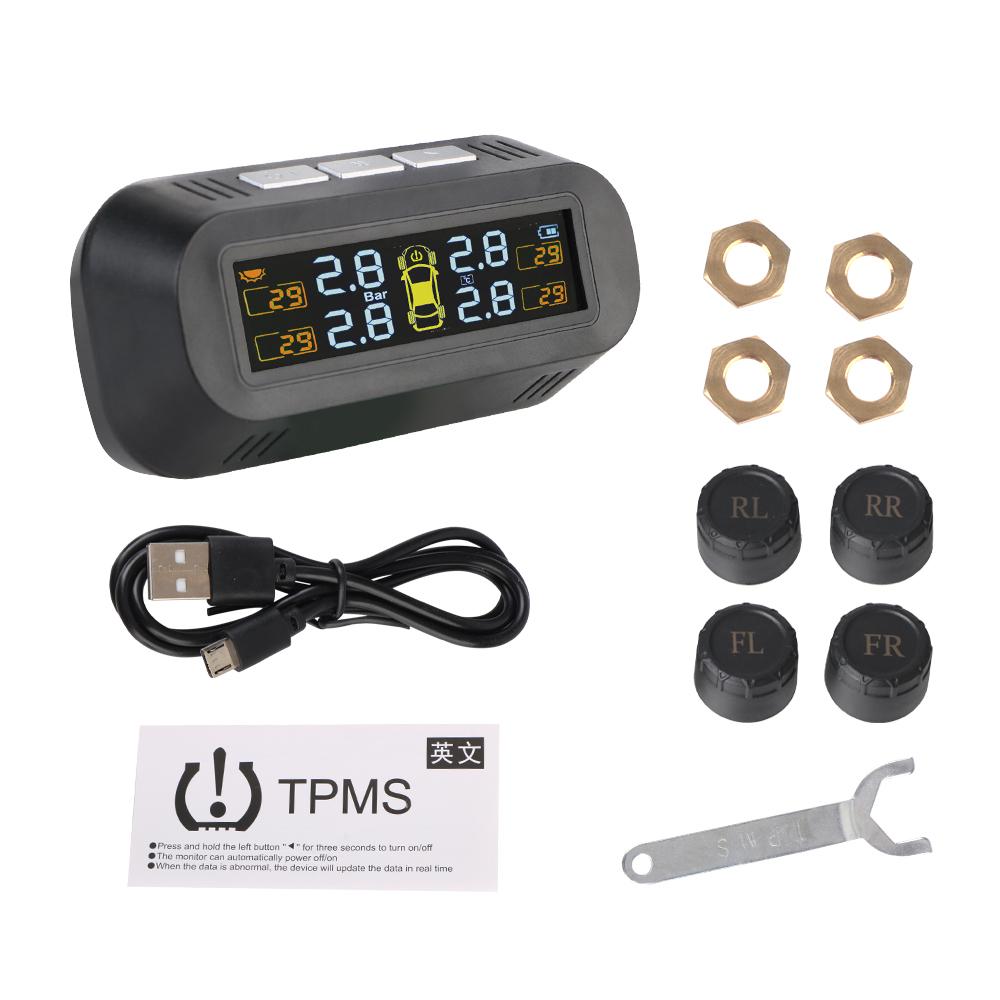 USB / Солнечный TPMS Тестер автомобильных шин Цифровой ЖК-дисплей Автосигнализация Система контроля давления в шинах 4 датчика Аксессуары