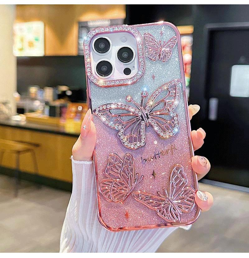 Women Girl'sTransparent Plating Soft Silicone Cover Diamond Butterfly Phone Case for iPhone 16 15 14 13 12 Pro Max