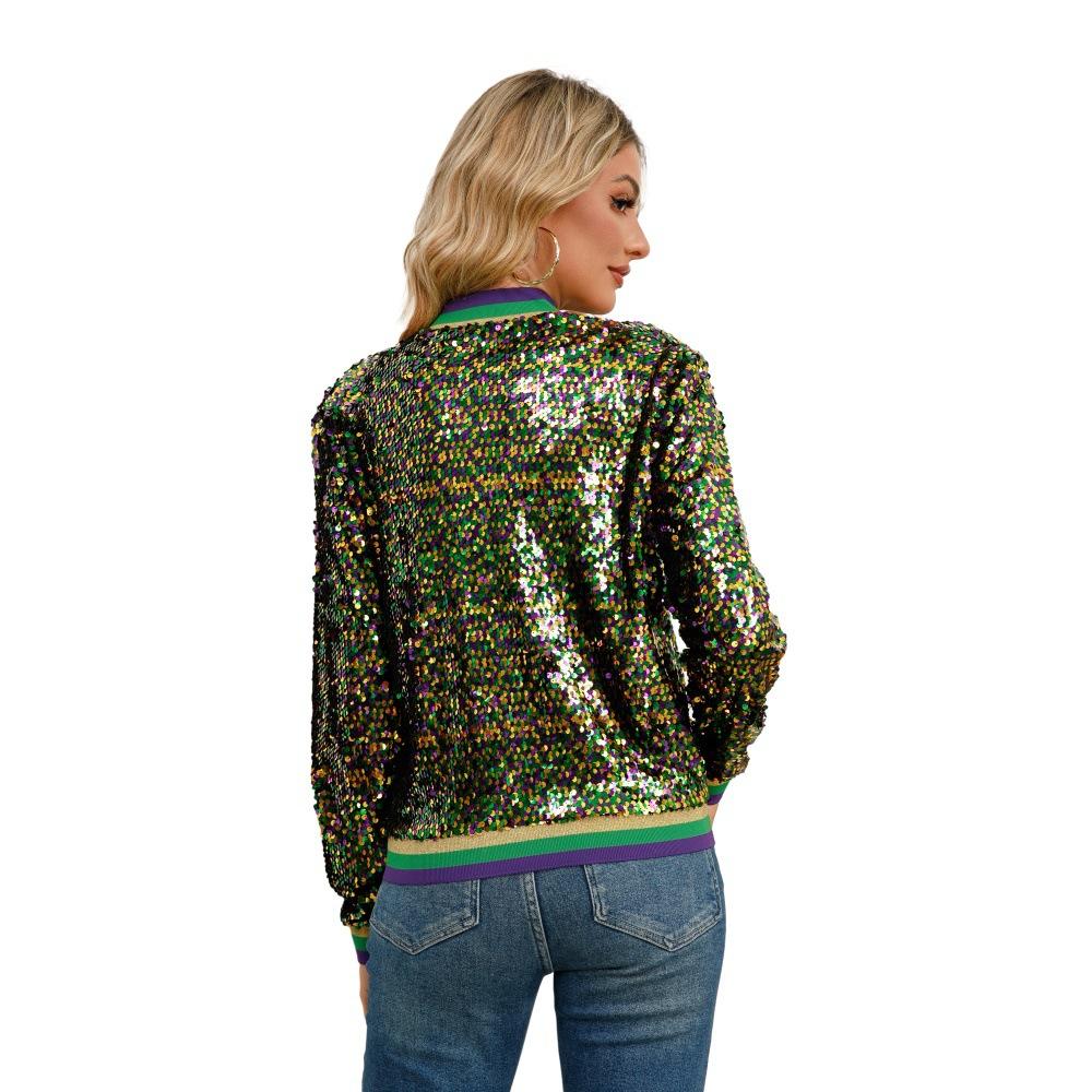 Colour Blocking Sequins Fashion Spring and Autumn Women's Short Baseball Jacket